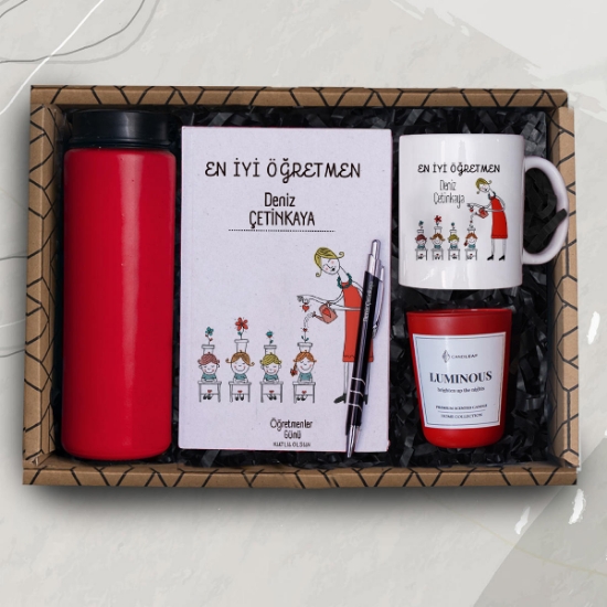 Öğretmenler Günü Tasarımlı Hediye Seti &Defter, Kalem, Kupa, Suluk, Mum  resmi