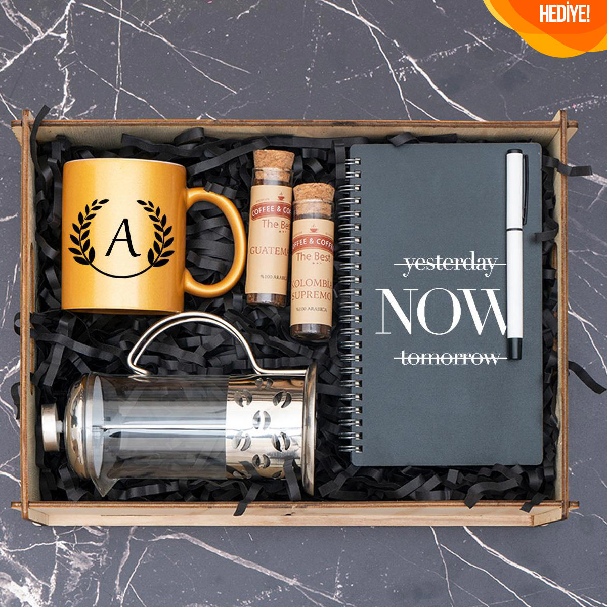 French Press, Kupa , Kahve , Kalem , Defter Hediye Kutusu .