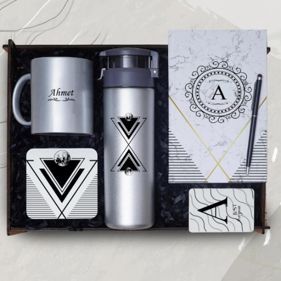 Kişiye Özel Dekoratif Ahşap Kutu & Cam Suluk, Defter, Kalem, Kupa, Bardak Altı resmi