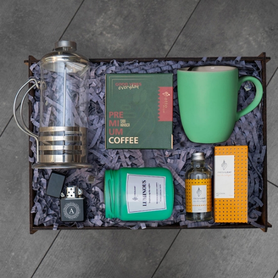 Frenchpress, Kahve, Kupa, Kolonya, Çakmak Hediye Kutusu  resmi