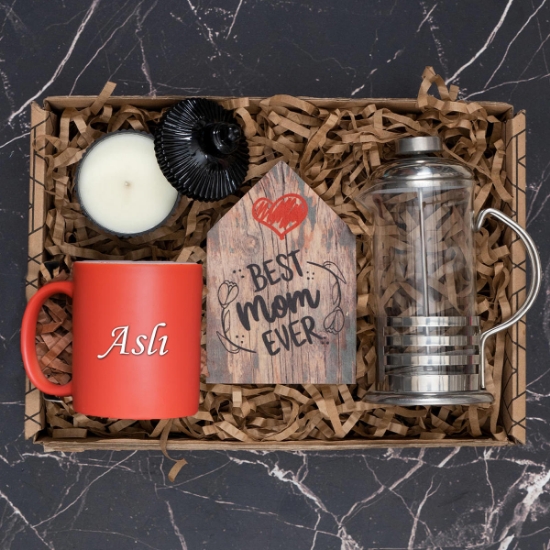 Best MOM Ever Ahşap Çerçeve, French Press, Kupa, Mum  Hediye Kutusu  resmi