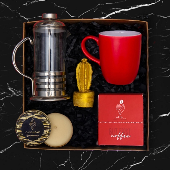 Cam Frenchpress, Türk Kahvesi , Kokulu Mum, Kırmızı Kupa Bardak , Biblo Hediye Kutusu  resmi