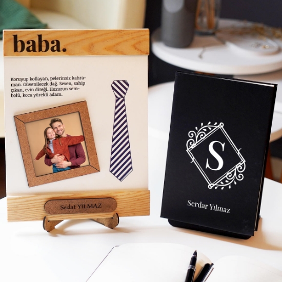 Baba Temalı Kişiye Özel Ahşap Fotoğraflı Çerçeve ve Defter Hediye Seti resmi