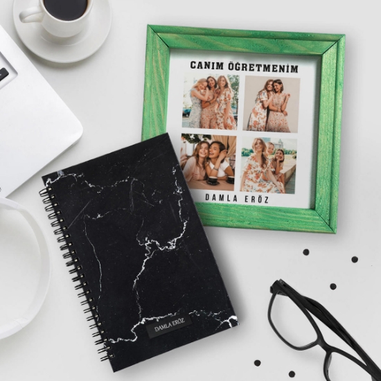 Canım Öğretmenim Kişiye Özel Doğal Ahşap 4 Fotoğraflı Çerçeve ve Defter Hediye Seti resmi