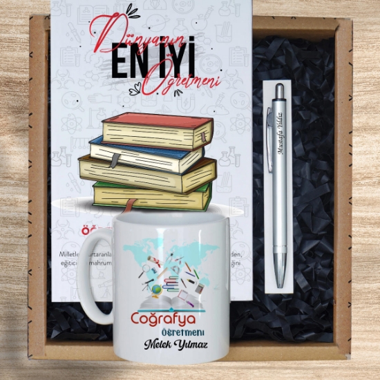 Kişiye Özel Coğrafya Öğretmeni Kupa, Defter, Kalem Hediye Set resmi
