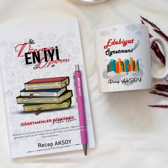 Kişiye Özel Edebiyat Öğretmeni Kupa, Defter, Kalem Hediye Set resmi