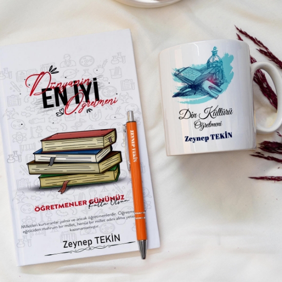 Kişiye Özel Din Kültürü Öğretmeni Kupa, Defter, Kalem Hediye Set resmi
