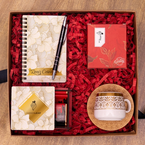 Bambu Sunumlu Fincan-Defter-Tükenmez Kalem- Çıkolata-Türk Kahvesi & Hediye Seti resmi