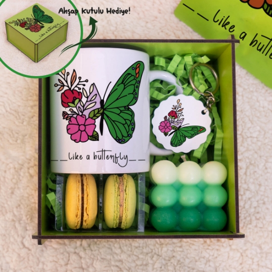 Renkli Ahşap Kutulu Mini Hediye Seti & Like a Butterfly resmi