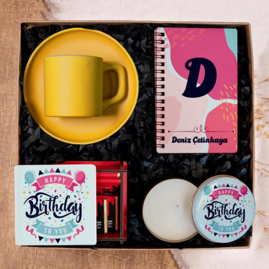 Doğum Günü Hediye Seti & Kahve Fincanı , Defter, Mum, Çıkolata resmi