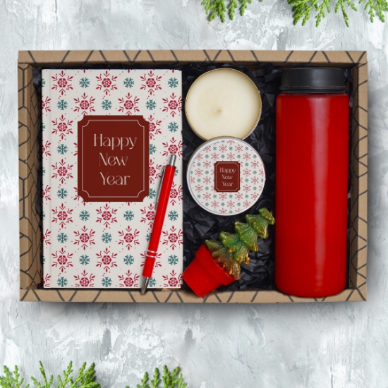 Yılbaşı Hediyesi & Cam Suluk, Çam Mum, Defter, Kalem,Mum Seti resmi