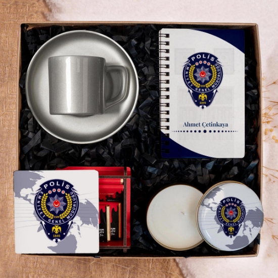 Polis  Özel Hediye Kutusu & Kahve Fincanı Seti , Çıkolata , Mum, Defter - Kopya resmi