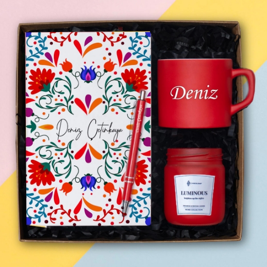 İsme Özel Defter, Tükenmez Kalem, Nescafe Finanı & Kokulu Cam Mum resmi