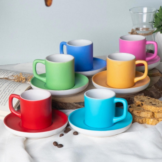 Anneler Günü Hediyesi & Seraclass 6 Kişilik Renkli Kahve Fincan Takımı Seti 12 Parça resmi