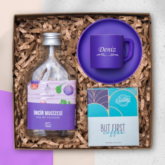 Kişiye Özel Mor Fincan, Türk Kahvesi , 200ML İncir Kolonyası,  Hediye Seti resmi