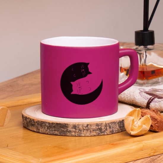 Seraclass Fuşya Renkli Kedi Tasarımlı Çay & Nescafe Fincanı resmi
