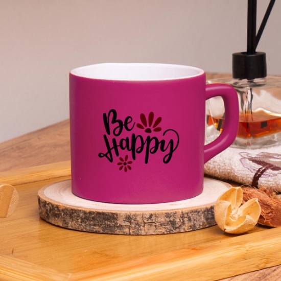 Seraclass Fuşya Renkli Be Happy Tasarımlı Çay & Nescafe Fincanı resmi