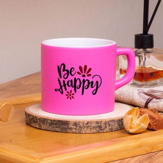 Seraclass Pembe Renkli Be Happy Tasarımlı Çay & Nescafe Fincanı resmi