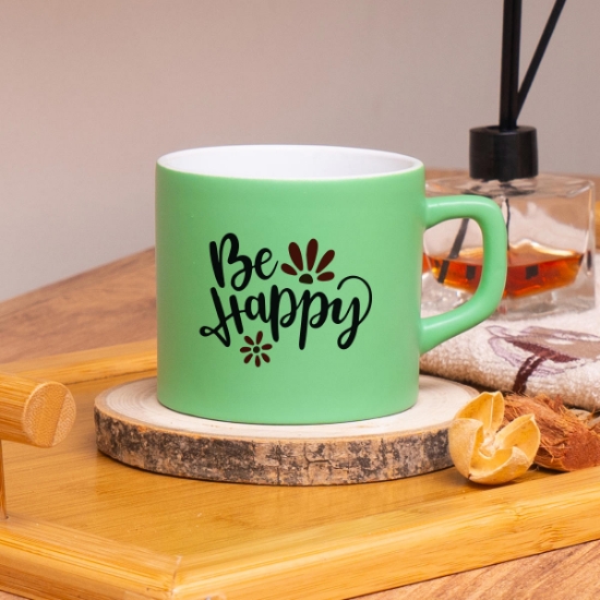 Seraclass Yeşil Renkli Be Happy Tasarımlı Çay & Nescafe Fincanı resmi