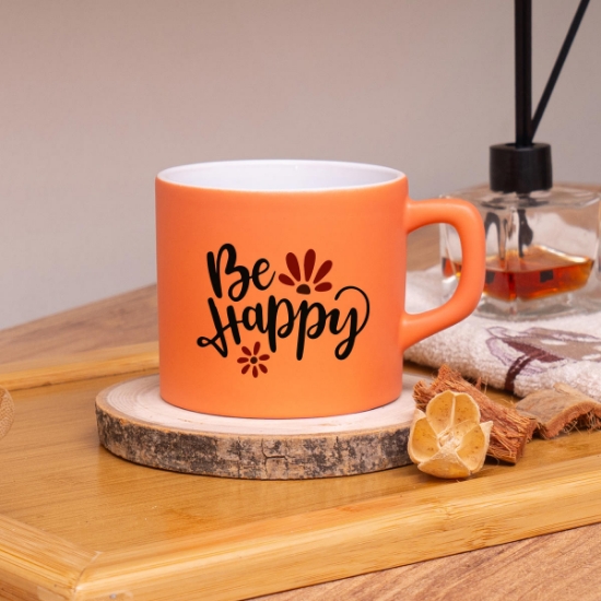 Seraclass Turuncu Renkli Be Happy Tasarımlı Çay & Nescafe Fincanı resmi