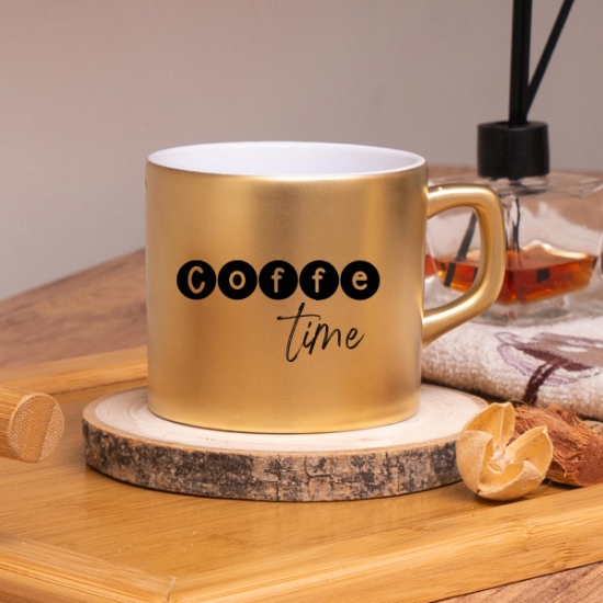 Seraclass Gold Renkli Coffe Time Tasarım Çay & Nescafe Fincanı resmi