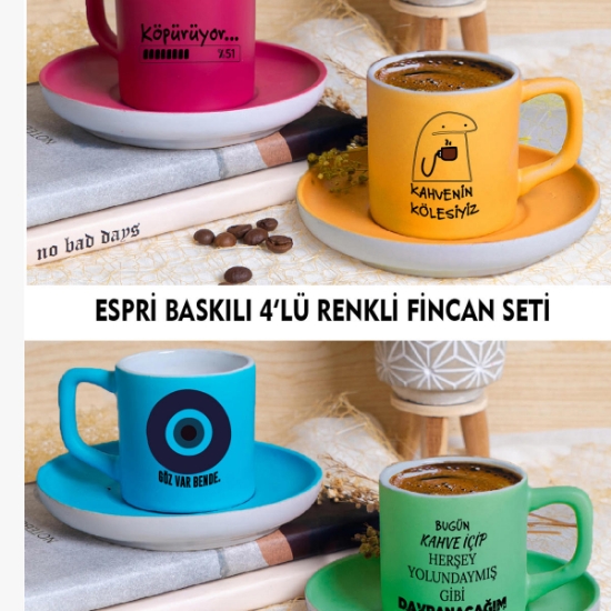 Espirili Renkli Türk Kahvesi Fincan Takımı 4 Kişilik 8 Parça resmi