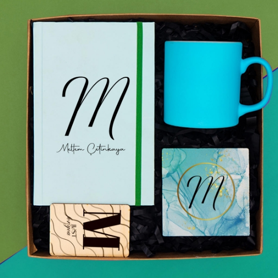 Kişiye Özel Defter, Mavi Renkli Kupa, Bardak Altı, Magnet Hediye Set resmi