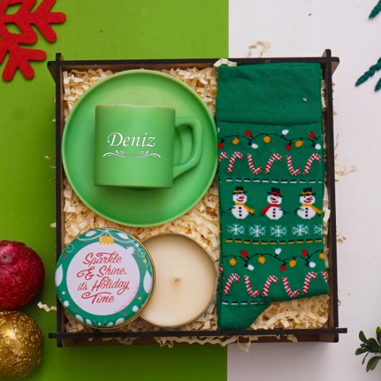 Yeni Yıl Yılbaşı Hediye Seti & Kahve Fincanı, Yılbaşı Çorabı, Kokulu Mum, resmi