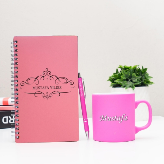Kişiye Özel Pastel Renkli Ahşap Defter Kalem Kupa Seti 1 resmi