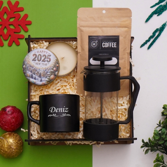 2025 Yılbaşı Yeni Yıl Hediye Seti Frenchpress, Fincan, Filtre Kahve, Mum,