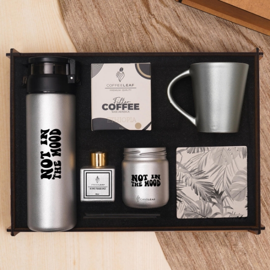 Premium Gümüş Renk Hediye Seti - Matara, Ortam Kokusu, Mum, Kupa & Taş Bardak Altlığı, Filtre Kahve resmi