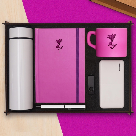 Premium Teknoloji Hediye Seti & Dereceli Termos, Powerbank, USB Bellek, Defter, Kalem, Kupa Bardak - Pembe