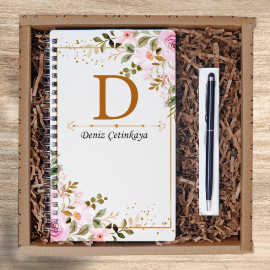 Kendin Tasarla & Ahşap Kapaklı Desenli Defter , Touchpen Metal Tükenmez Kalem resmi