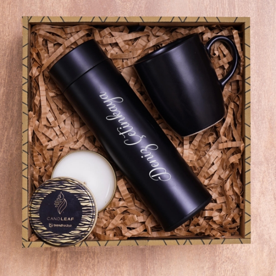 Kişiye Özel 450 ML Dereceli Çelik Termos, Siyah Kupa Bardak, Kokulu Mum, resmi