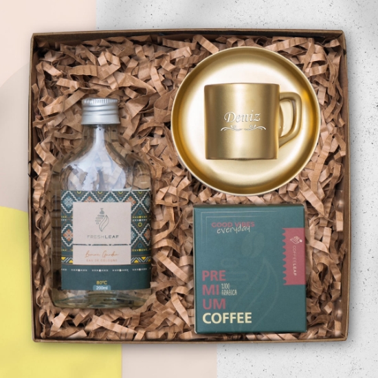 Kişiye Özel Gold Fincan, Türk Kahvesi , 200ML Kolonya, Hediye Set 