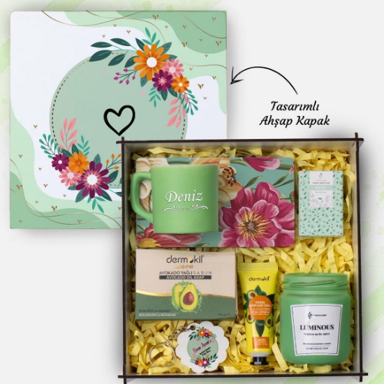 Dekoratif Ahşap Kutu İçerisinde, Yeşil Fincan, Mum,Anahtarlık,Kahve, Güzellik Seti resmi