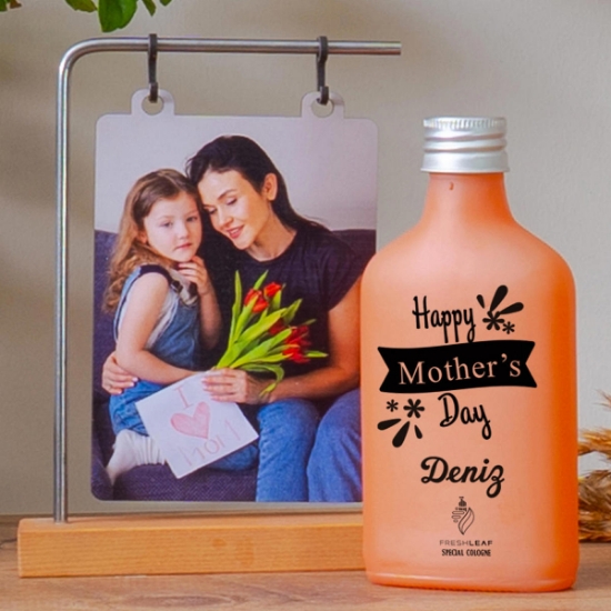 Kişiye Özel Ahşap Standlı Fotoğraflı Çerçeve &Turuncu Renkli  Freshleaf 200ML Kolonya