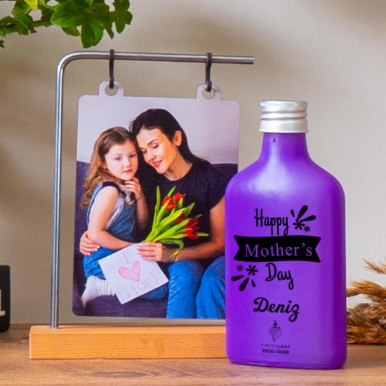 Kişiye Özel Ahşap Standlı Fotoğraflı Çerçeve & Mor Renkli  Freshleaf 200ML Kolonya