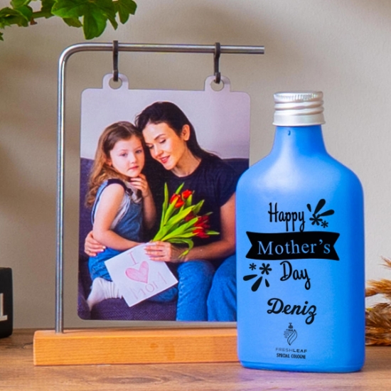 Kişiye Özel Ahşap Standlı Fotoğraflı Çerçeve & Mavi Renkli  Freshleaf 200ML Kolonya