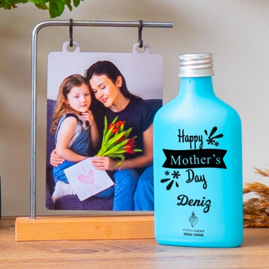 Kişiye Özel Ahşap Standlı Fotoğraflı Çerçeve & Açık Mavi Renkli  Freshleaf 200ML Kolonya