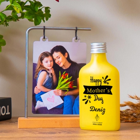 Kişiye Özel Ahşap Standlı Fotoğraflı Çerçeve & Sarı Renkli  Freshleaf 200ML Kolonya