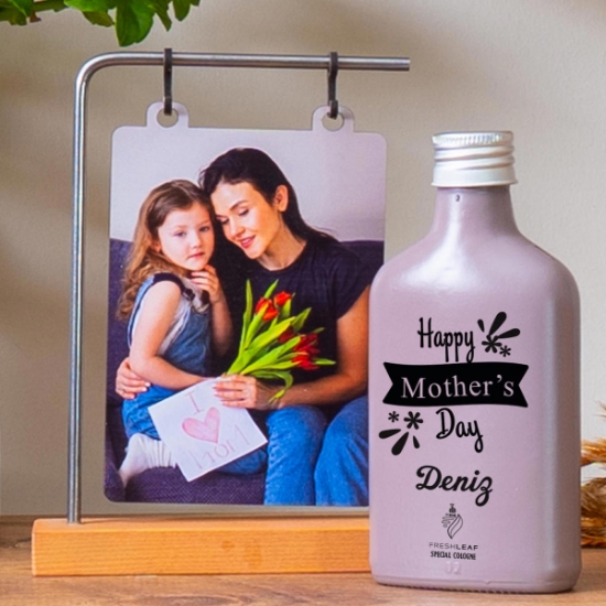 Kişiye Özel Ahşap Standlı Fotoğraflı Çerçeve & Sütlü Kahve Renkli  Freshleaf 200ML Kolonya