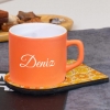 Ahşap Standlı Fotoğraflı Çerçeve & Kişiye Özel Ahşap Sunumlu Turuncu Renkli Çay & Nescafe Fincanı