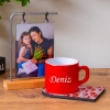 Ahşap Standlı Fotoğraflı Çerçeve & Kişiye Özel Ahşap Sunumlu Kırmızı Renkli Çay & Nescafe Fincanı