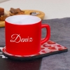 Ahşap Standlı Fotoğraflı Çerçeve & Kişiye Özel Ahşap Sunumlu Kırmızı Renkli Çay & Nescafe Fincanı