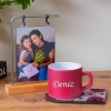 Ahşap Standlı Fotoğraflı Çerçeve & Kişiye Özel Ahşap Sunumlu Fuşya Renkli Çay & Nescafe Fincanı