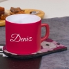 Ahşap Standlı Fotoğraflı Çerçeve & Kişiye Özel Ahşap Sunumlu Fuşya Renkli Çay & Nescafe Fincanı resmi