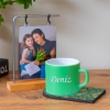 Ahşap Standlı Fotoğraflı Çerçeve & Kişiye Özel Ahşap Sunumlu Yeşil Renkli Çay & Nescafe Fincanı resmi