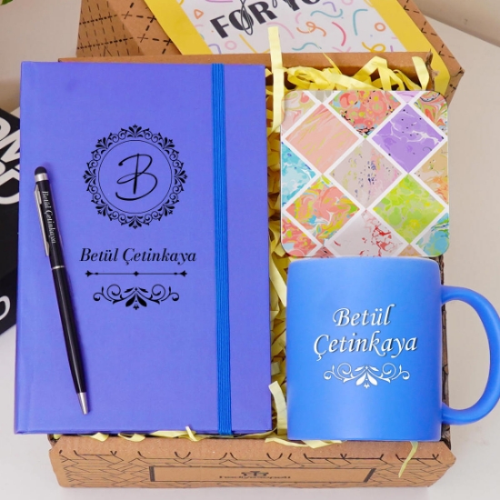 Kişiye Özel Renkli Defter , Mavi Kupa Bardak, Tükenmez Kalem & Hediye Seti resmi