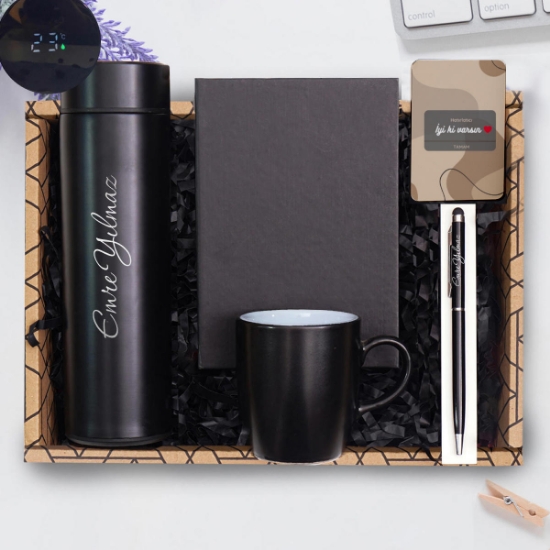 Kişiye Özel Dereceli Çelik Termos & Kupa Bardak& Touch Pen Kalem & Defter, Magnet Hediye Seti